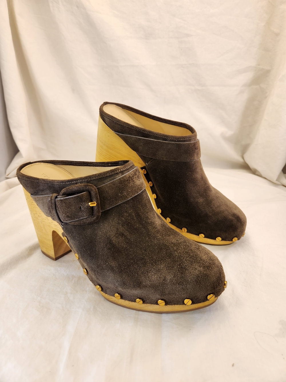 VERONICA BEARD STUDDED WOODEN BUCKLE CLOGS MULE BROWN SUEDE MINT SIZE 11 M
